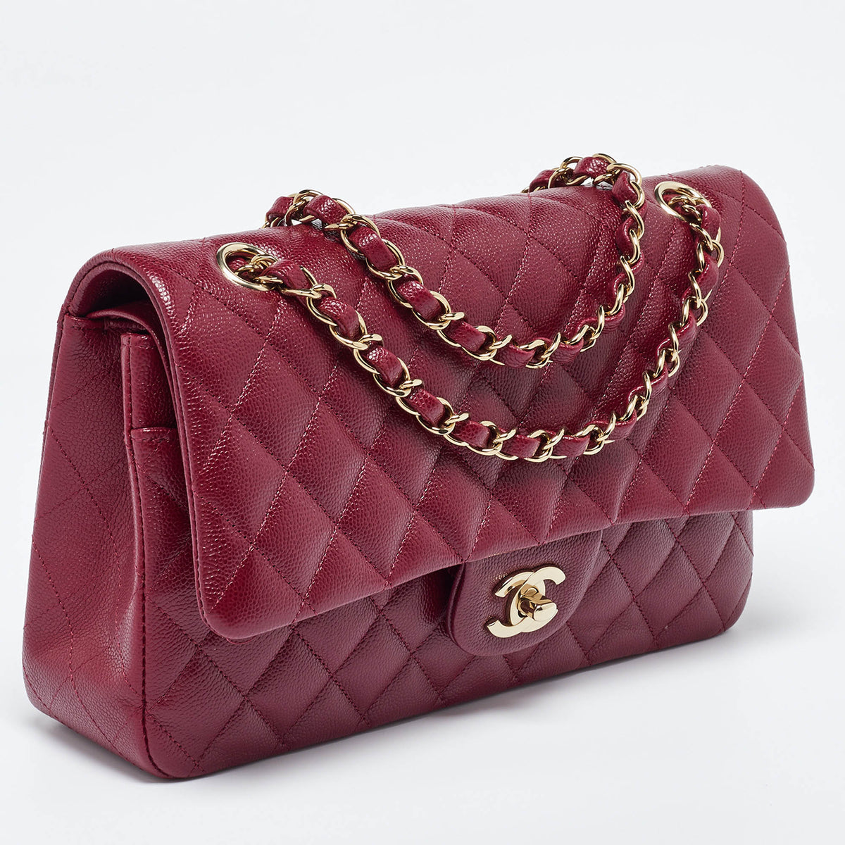 CHANEL Red Quilted CaviarLeather Medium Classic Double Flap Bag