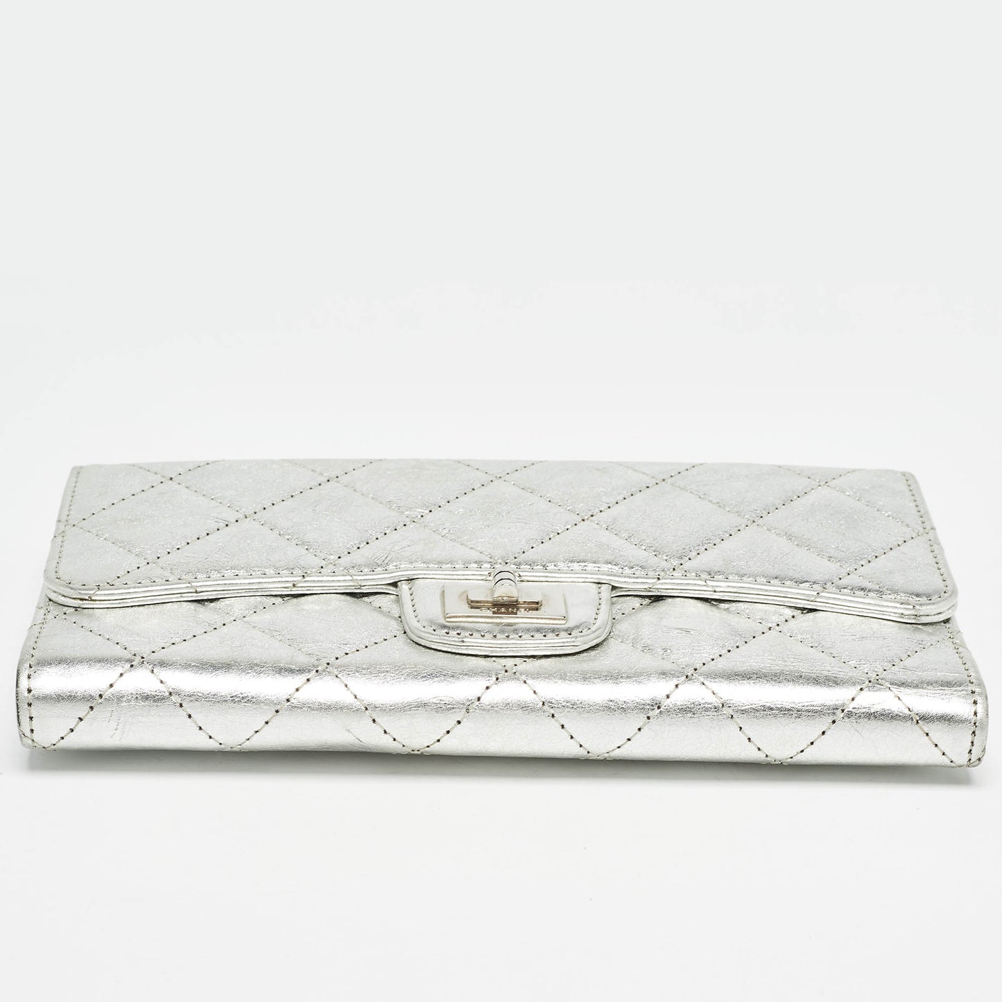 CHANEL Silver Quilted Patent Leather Reissue Continental Wallet