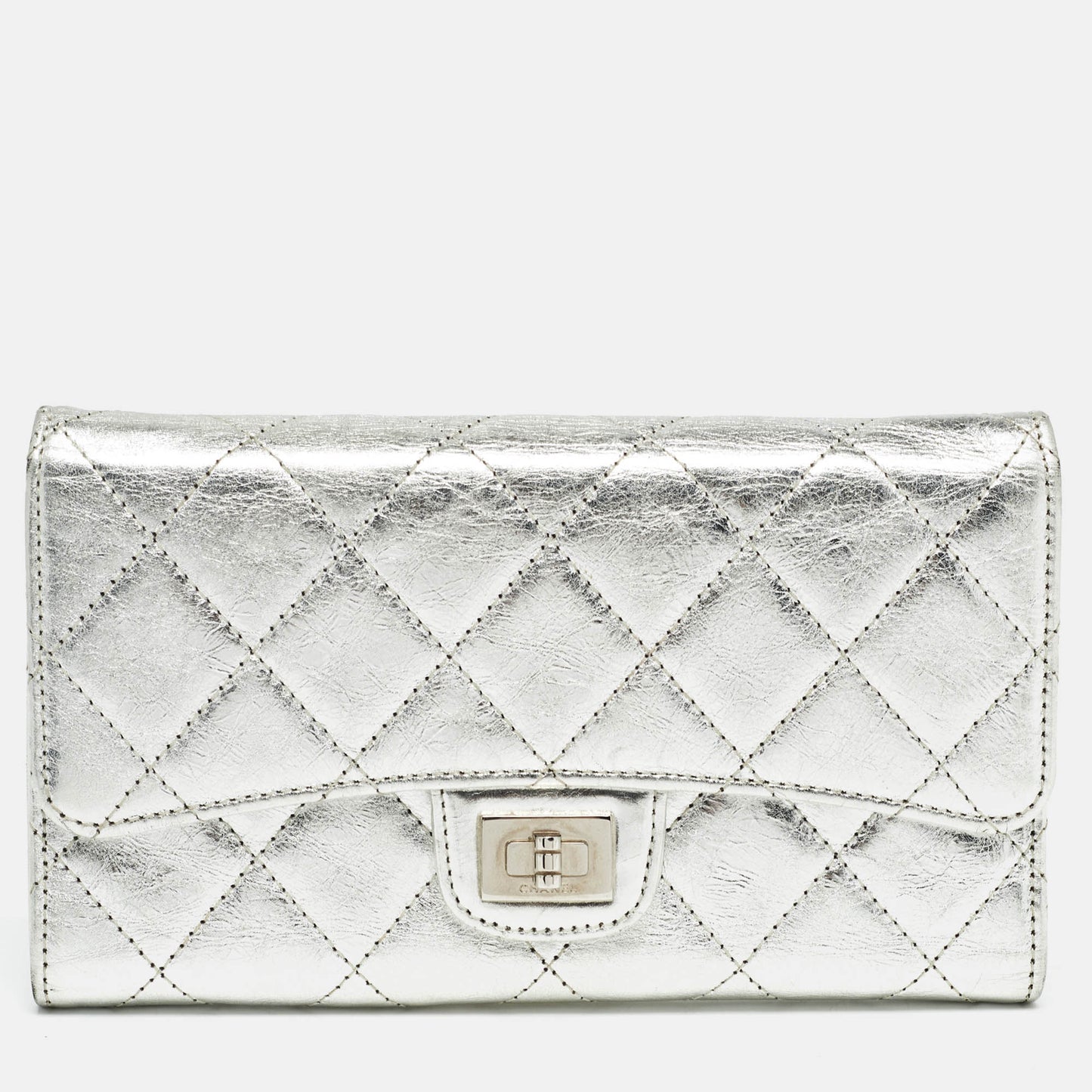 CHANEL Silver Quilted Patent Leather Reissue Continental Wallet