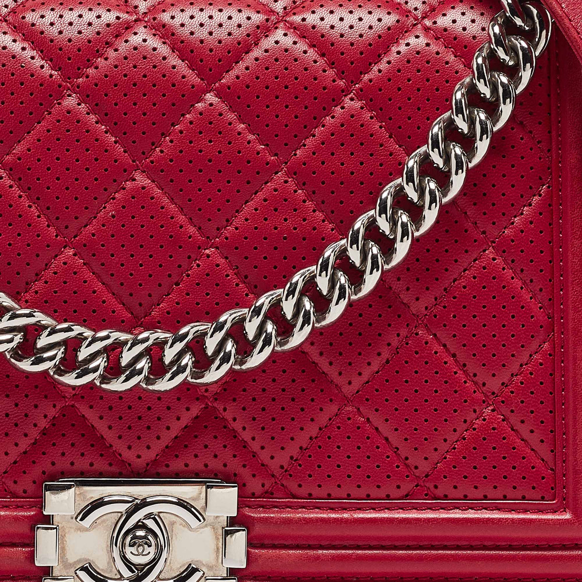 CHANEL Red Quilted Perforated Leather New Medium Boy Bag
