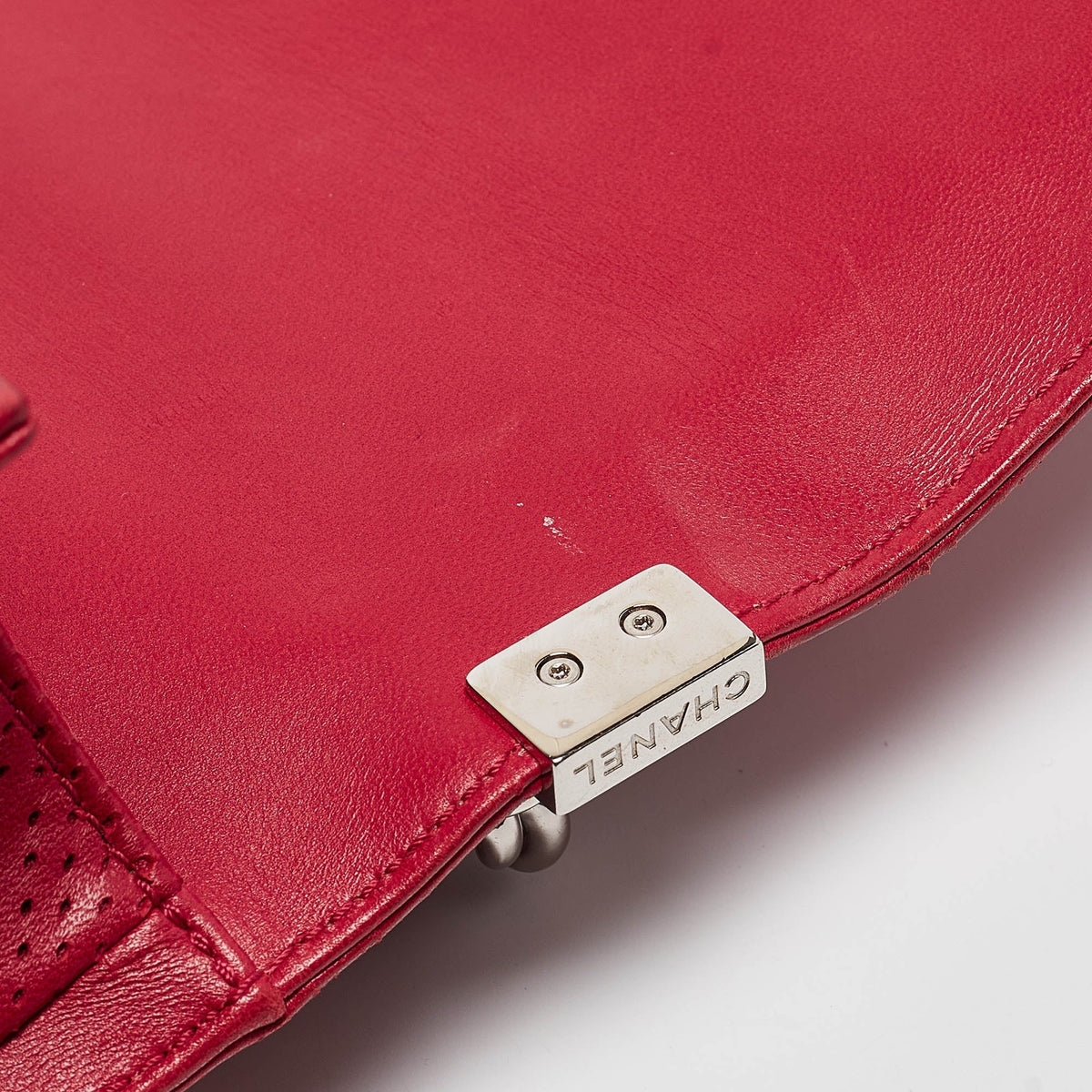 CHANEL Red Quilted Perforated Leather New Medium Boy Bag