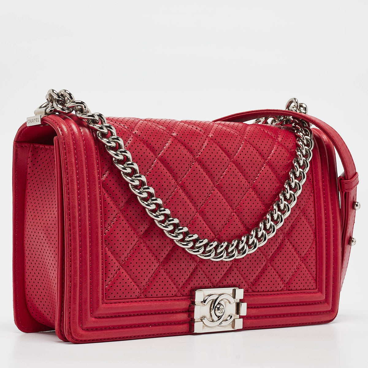 CHANEL Red Quilted Perforated Leather New Medium Boy Bag