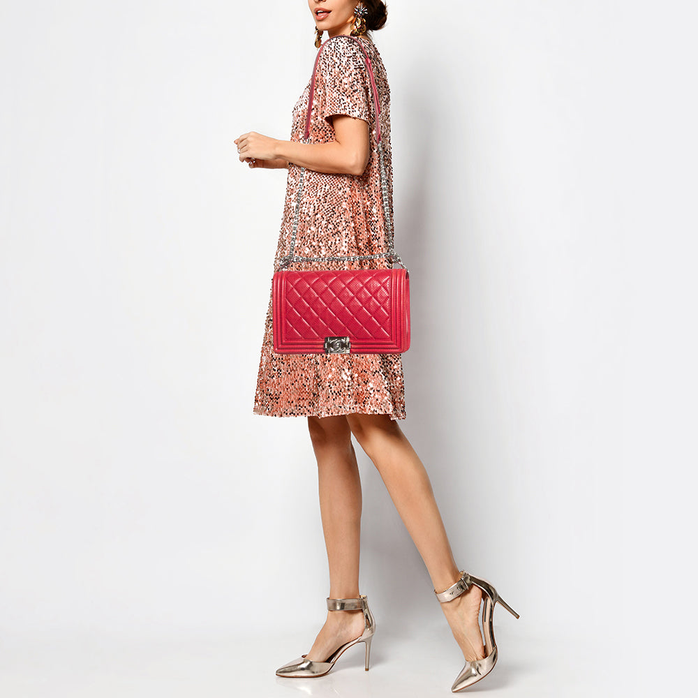 CHANEL Red Quilted Perforated Leather New Medium Boy Bag