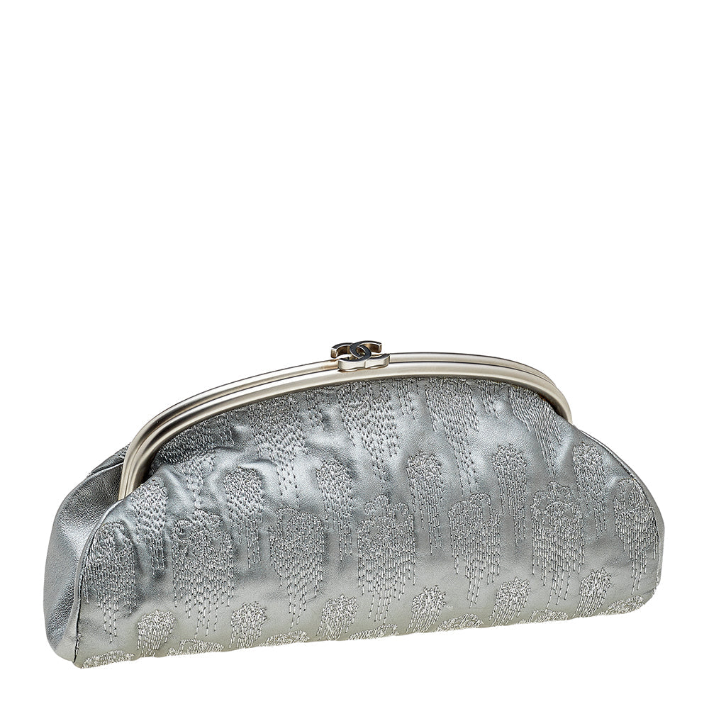 Chanel Metallic Grey Embroidered Leather Frame Clutch