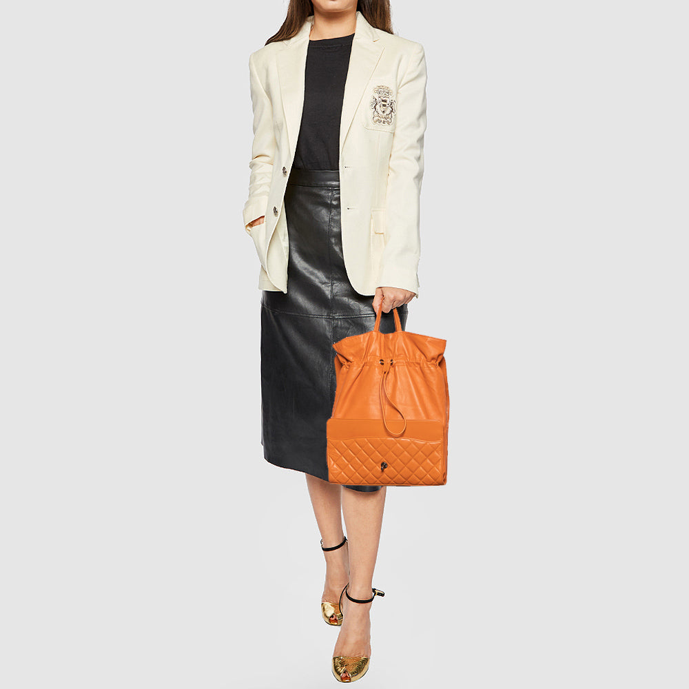 Chanel Orange Quilted Leather Grocery By Chanel Drawstring Flap Bag