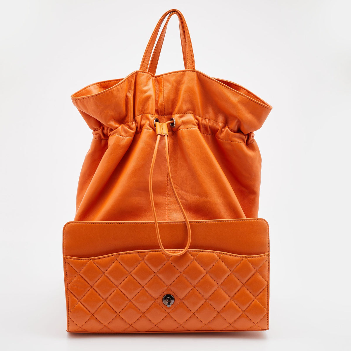Chanel Orange Quilted Leather Grocery By Chanel Drawstring Flap Bag