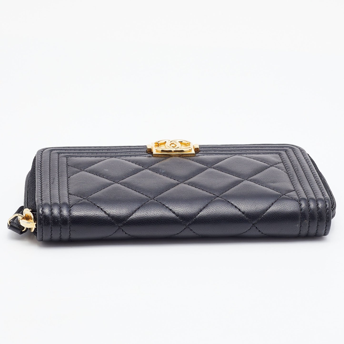 CHANEL Black Quilted Leather Boy Zip Around Wallet