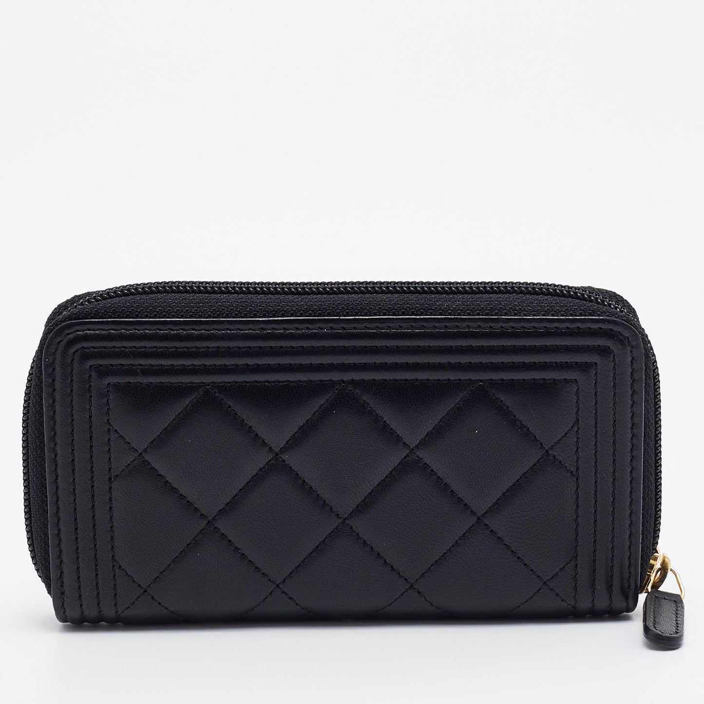 CHANEL Black Quilted Leather Boy Zip Around Wallet