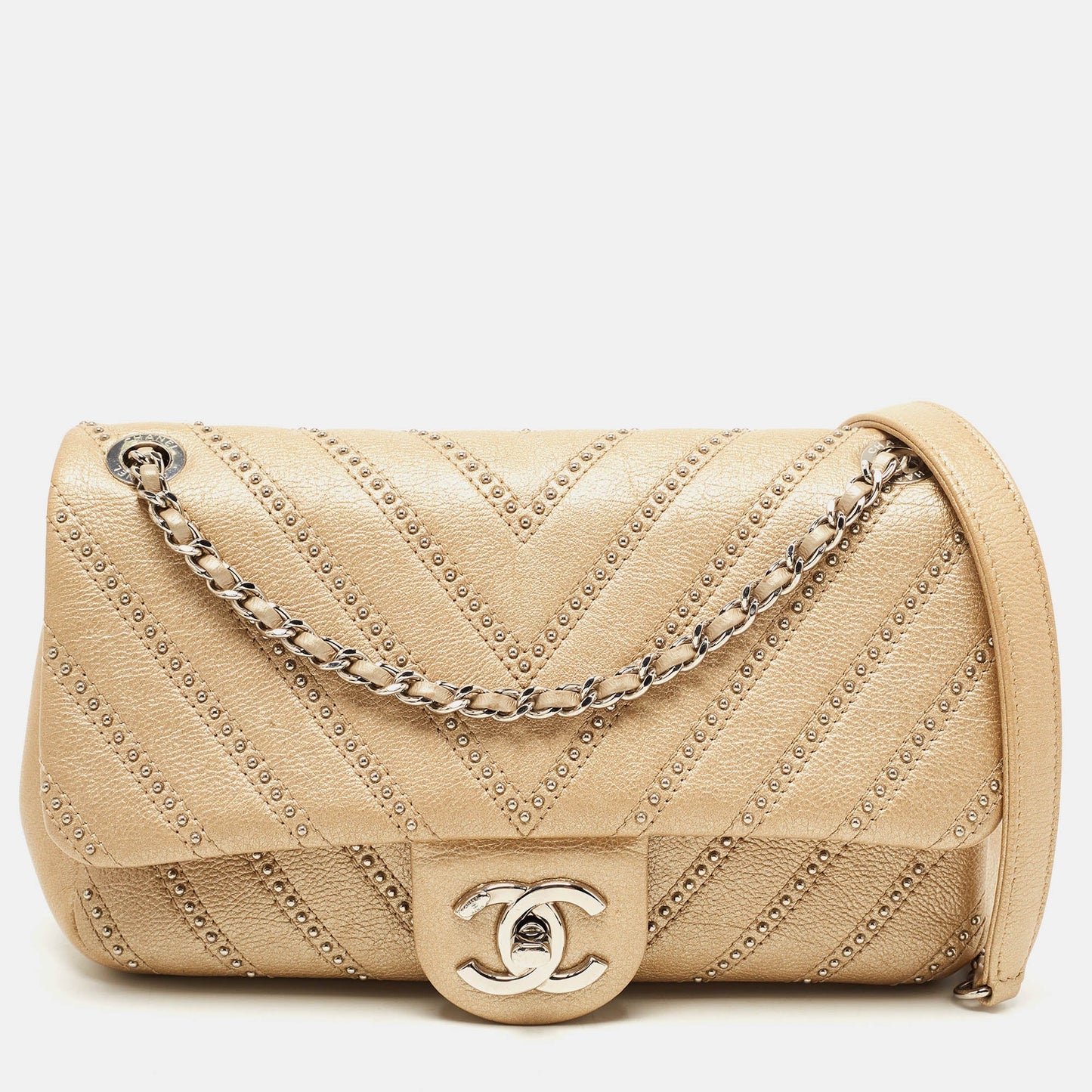 CHANEL Metallic Beige Studded Chevron Leather Stud Wars CC Flap Crossbody Bag