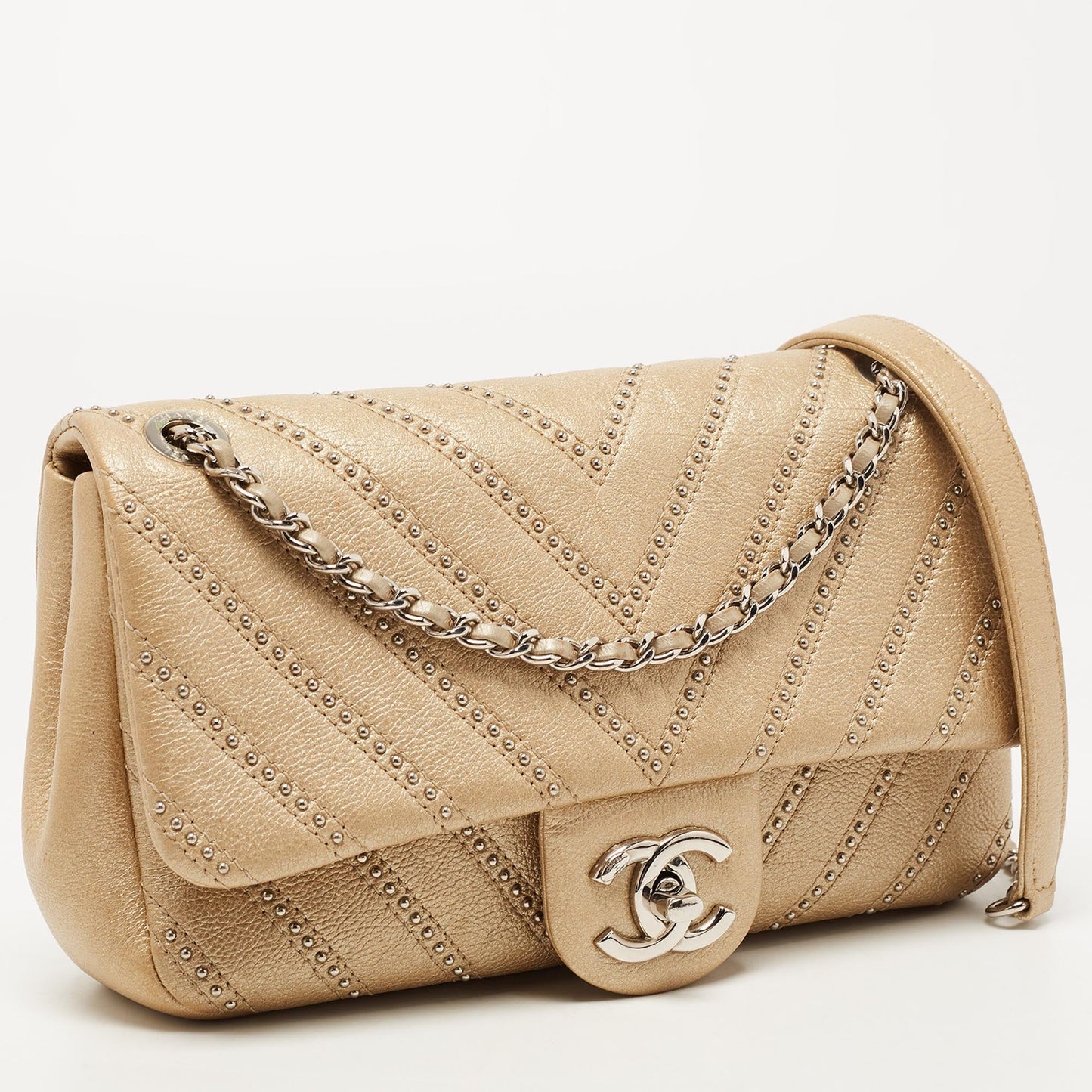 CHANEL Metallic Beige Studded Chevron Leather Stud Wars CC Flap Crossbody Bag