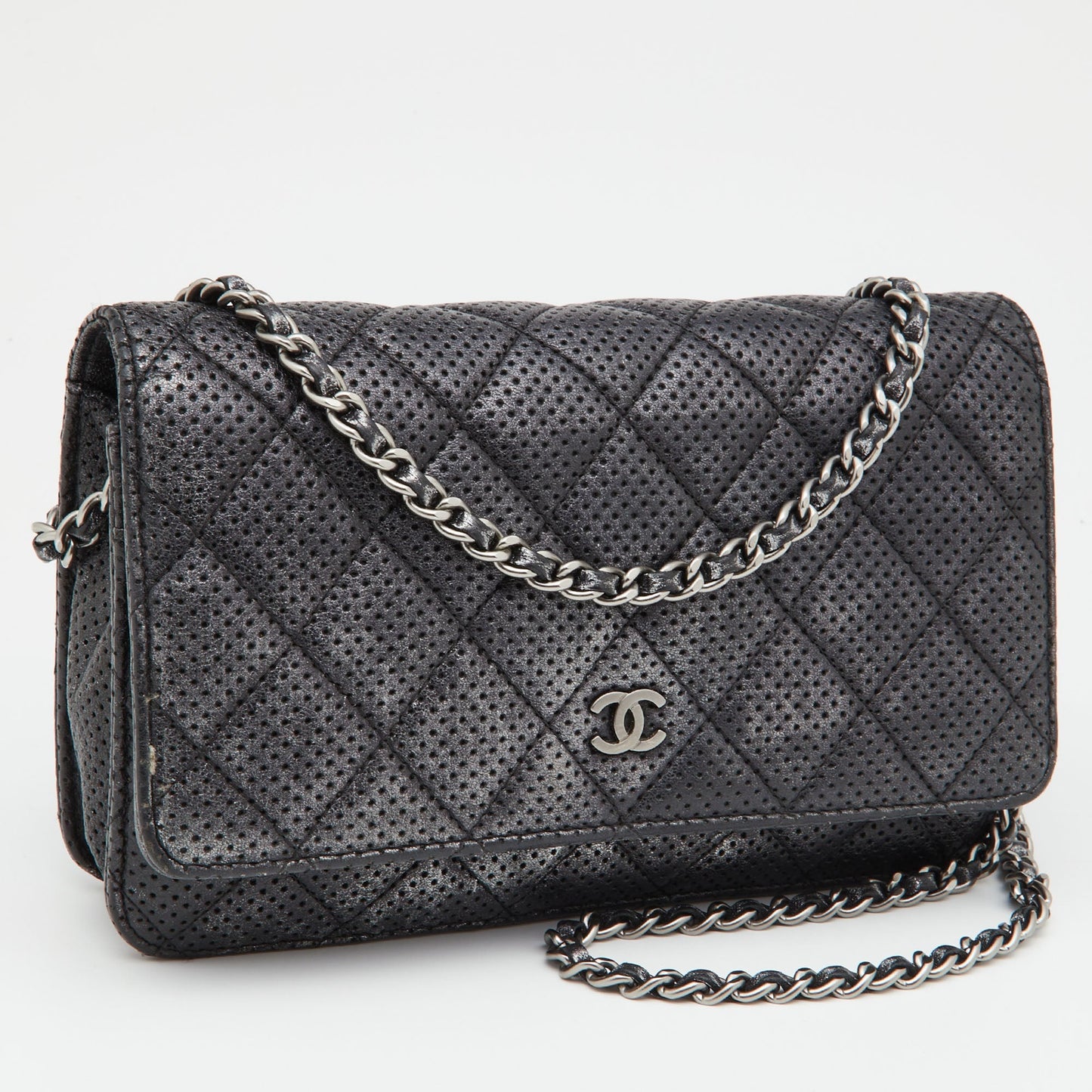 CHANEL Black/Silver Quilted Perforated Leather Classic Wallet on Chain