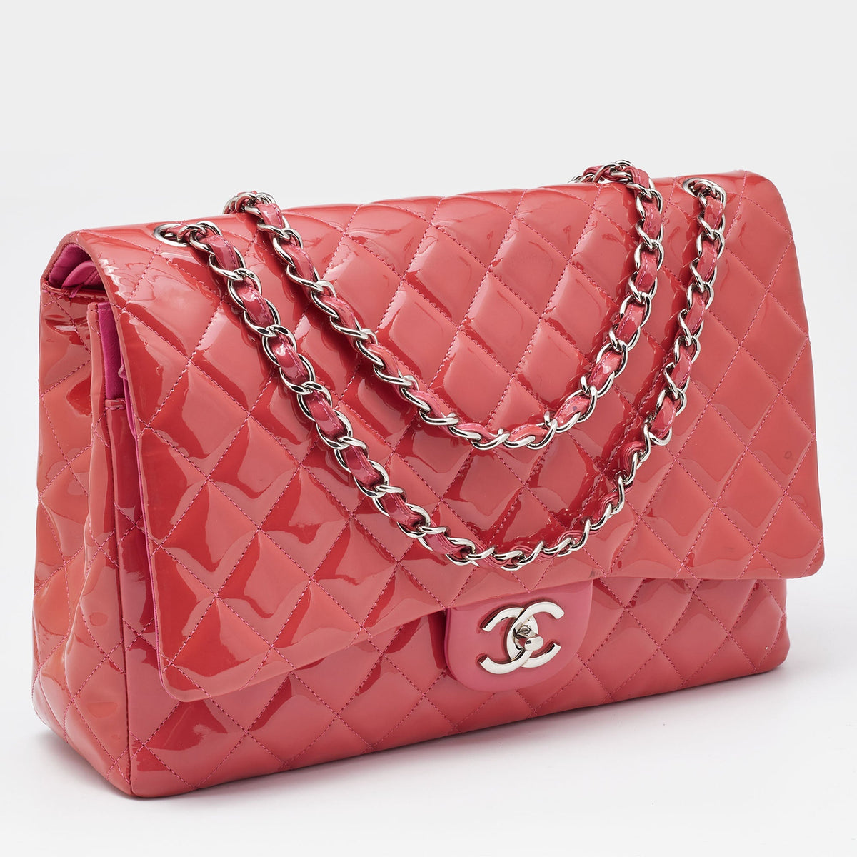 CHANEL Pink Quilted Patent Leather Maxi Classic Double Flap Bag
