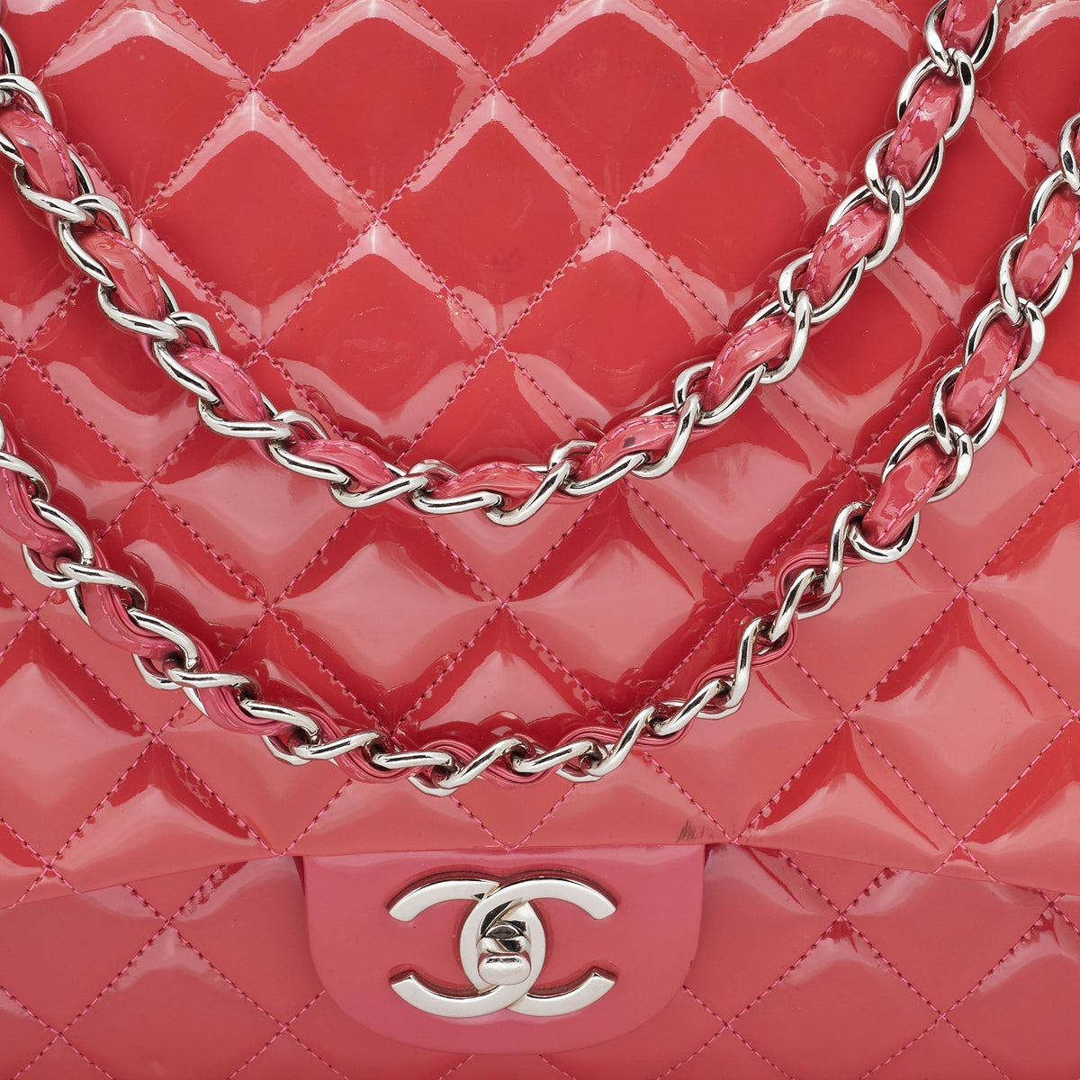 CHANEL Pink Quilted Patent Leather Maxi Classic Double Flap Bag