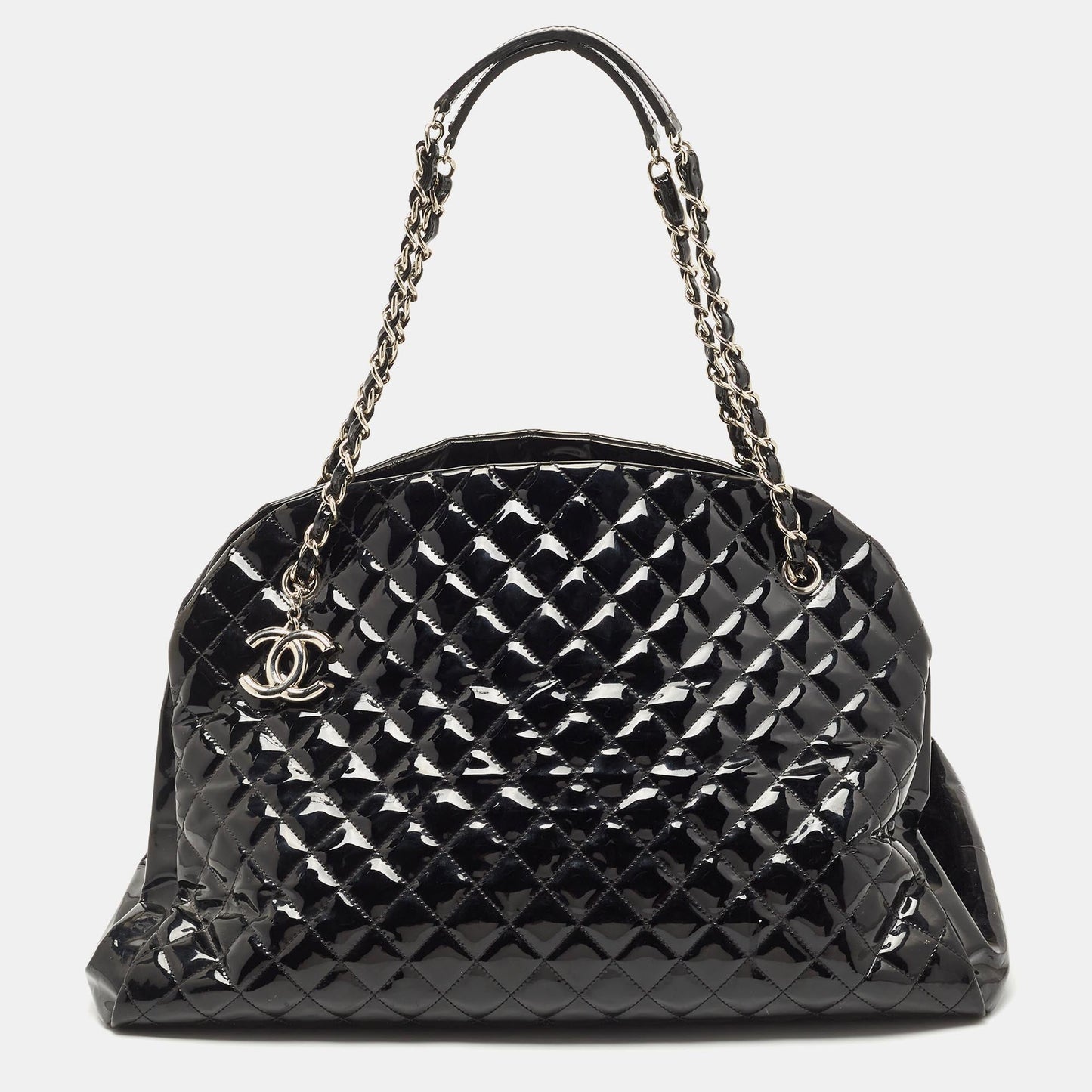 CHANEL Black Quilted Patent Leather Large Just Mademoiselle Bowler Bag