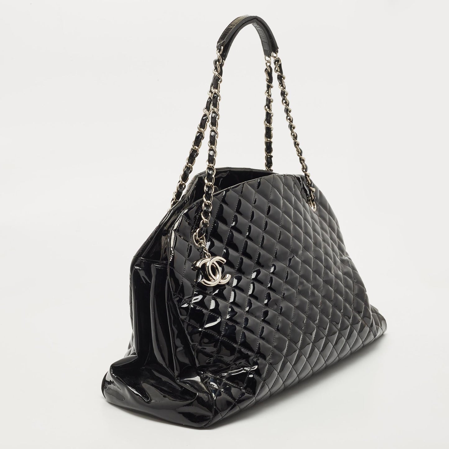 CHANEL Black Quilted Patent Leather Large Just Mademoiselle Bowler Bag