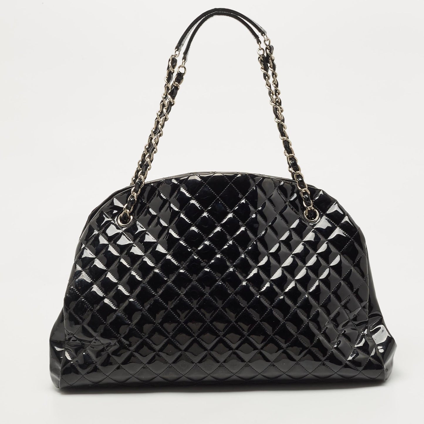 CHANEL Black Quilted Patent Leather Large Just Mademoiselle Bowler Bag