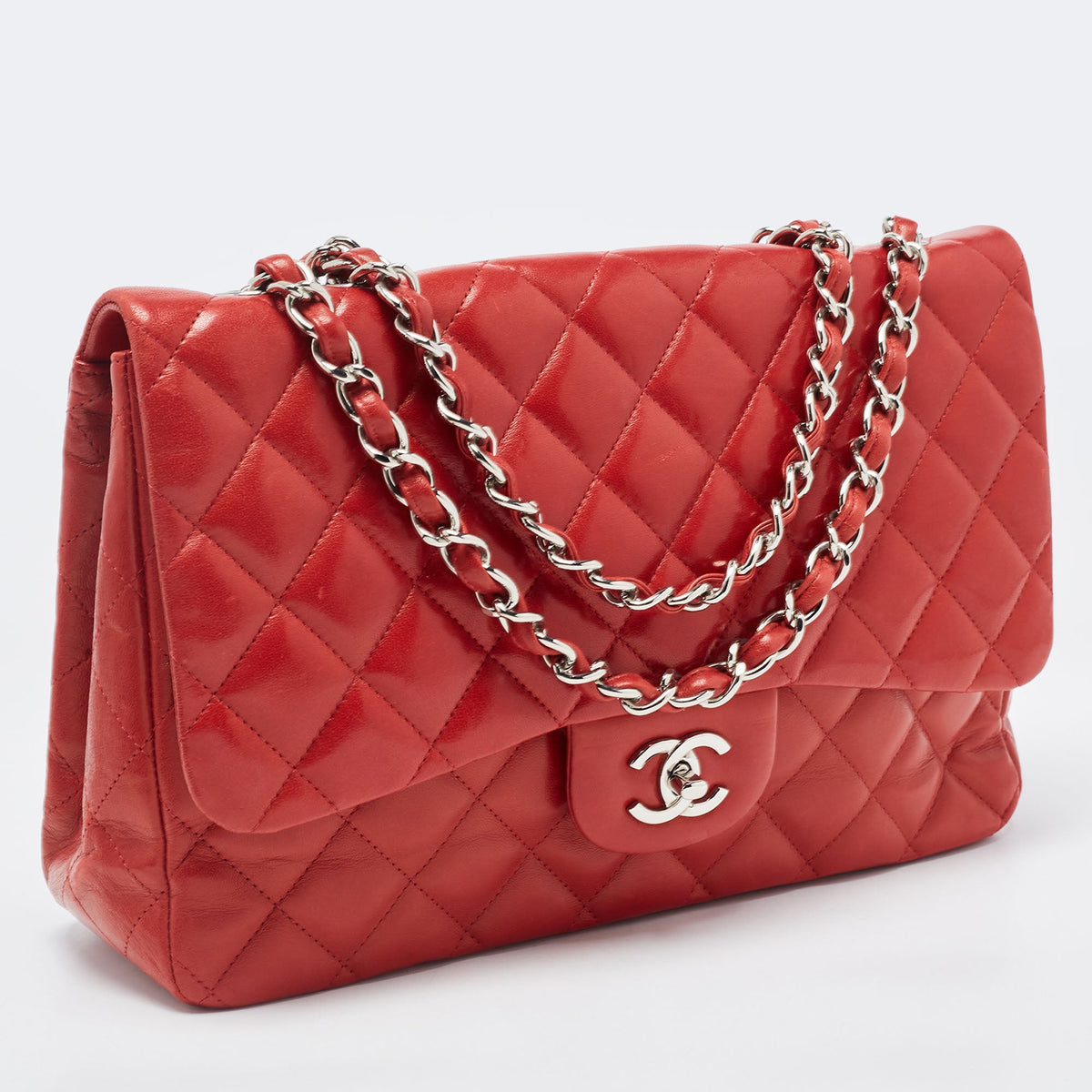CHANEL Red Quilted Leather Jumbo Classic Double Flap Bag