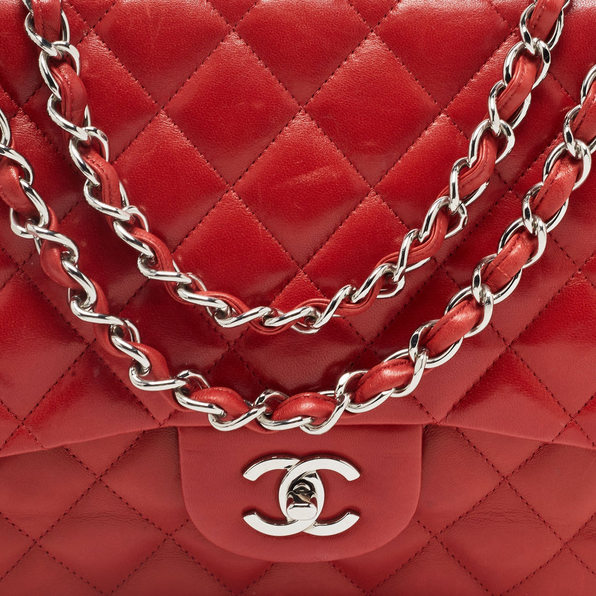 CHANEL Red Quilted Leather Jumbo Classic Double Flap Bag