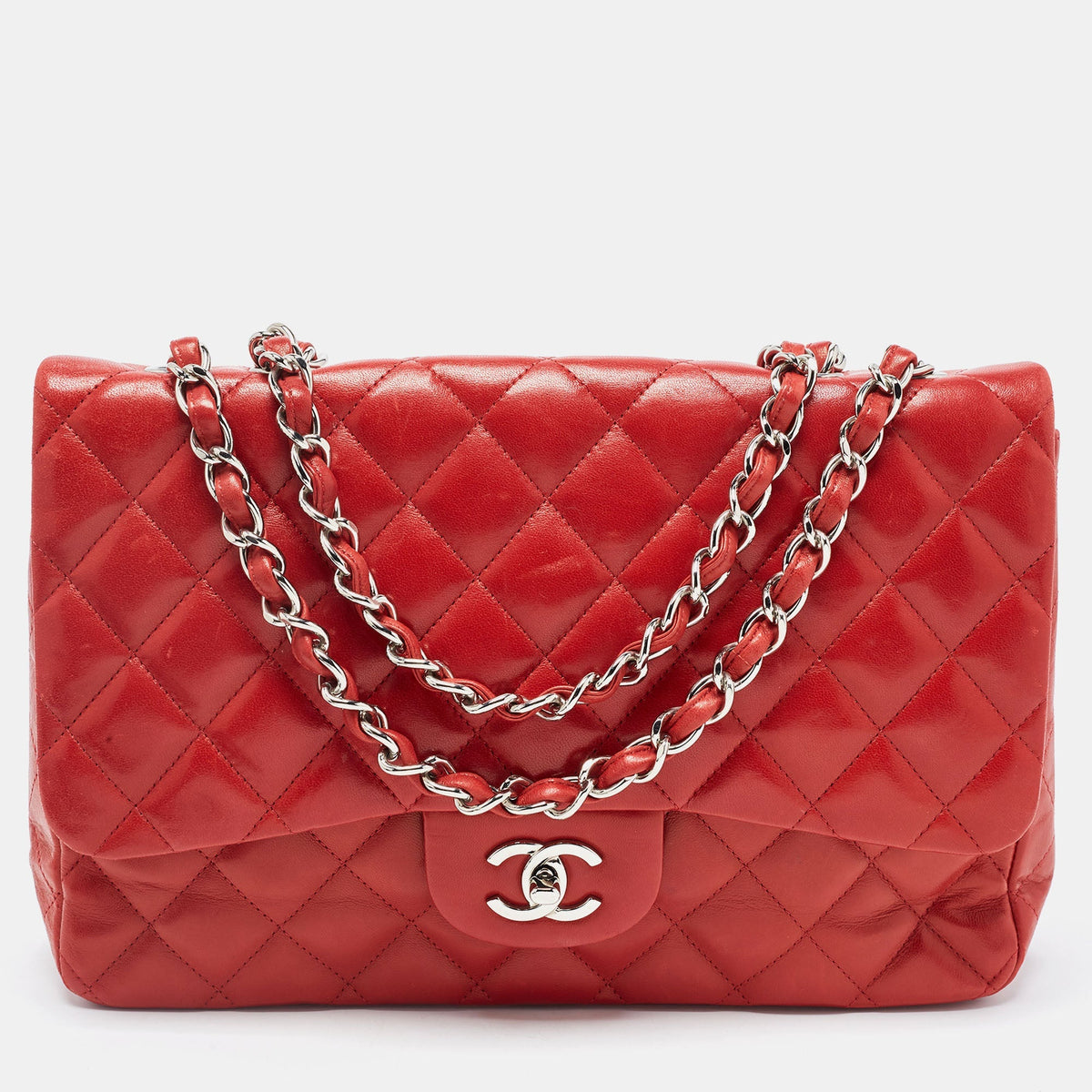 CHANEL Red Quilted Leather Jumbo Classic Double Flap Bag