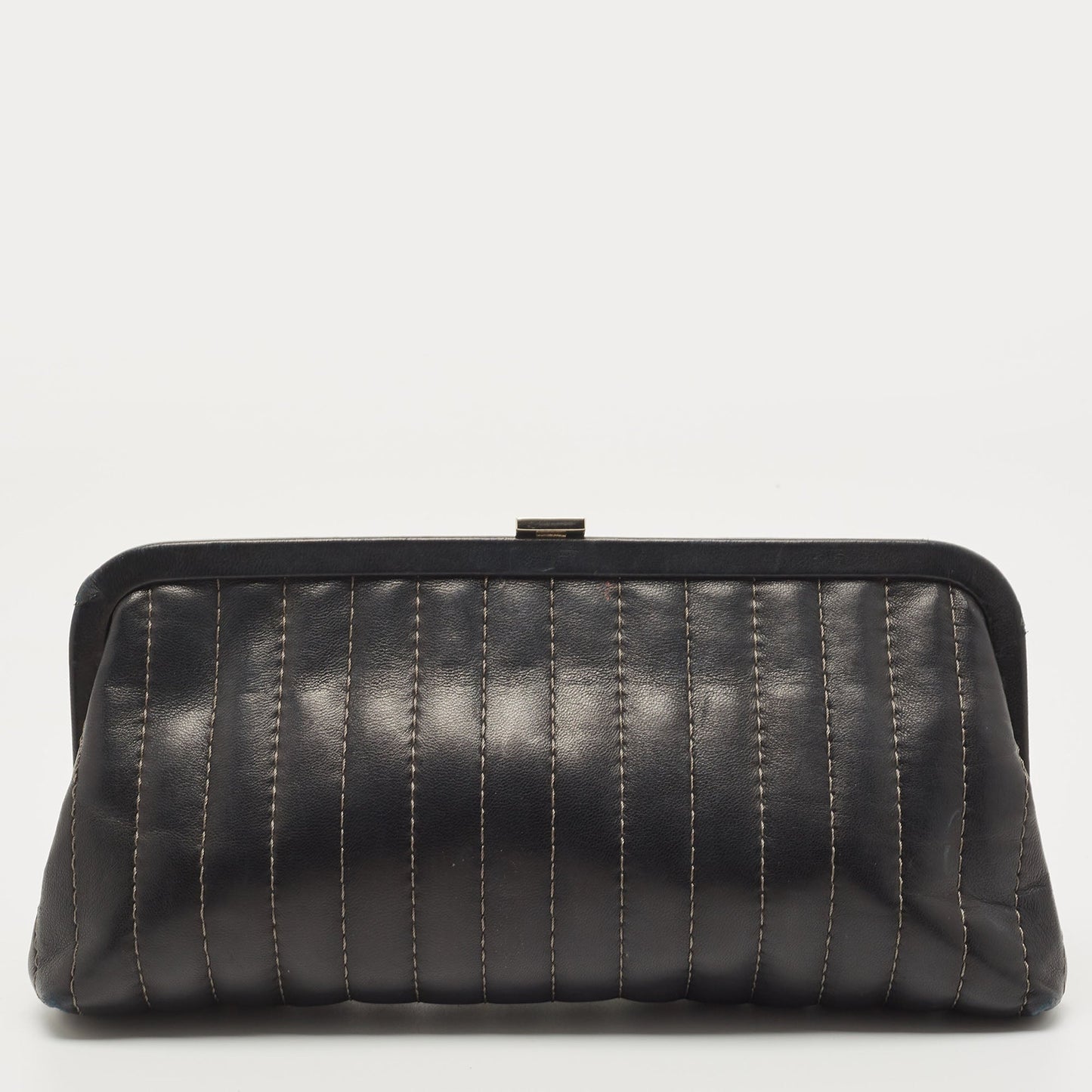 CHANEL Black Vertical Stitch Leather Vintage Clutch