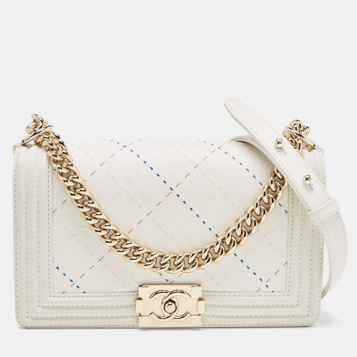 CHANEL White Stitch Quilted Leather Medium Boy Flap Bag