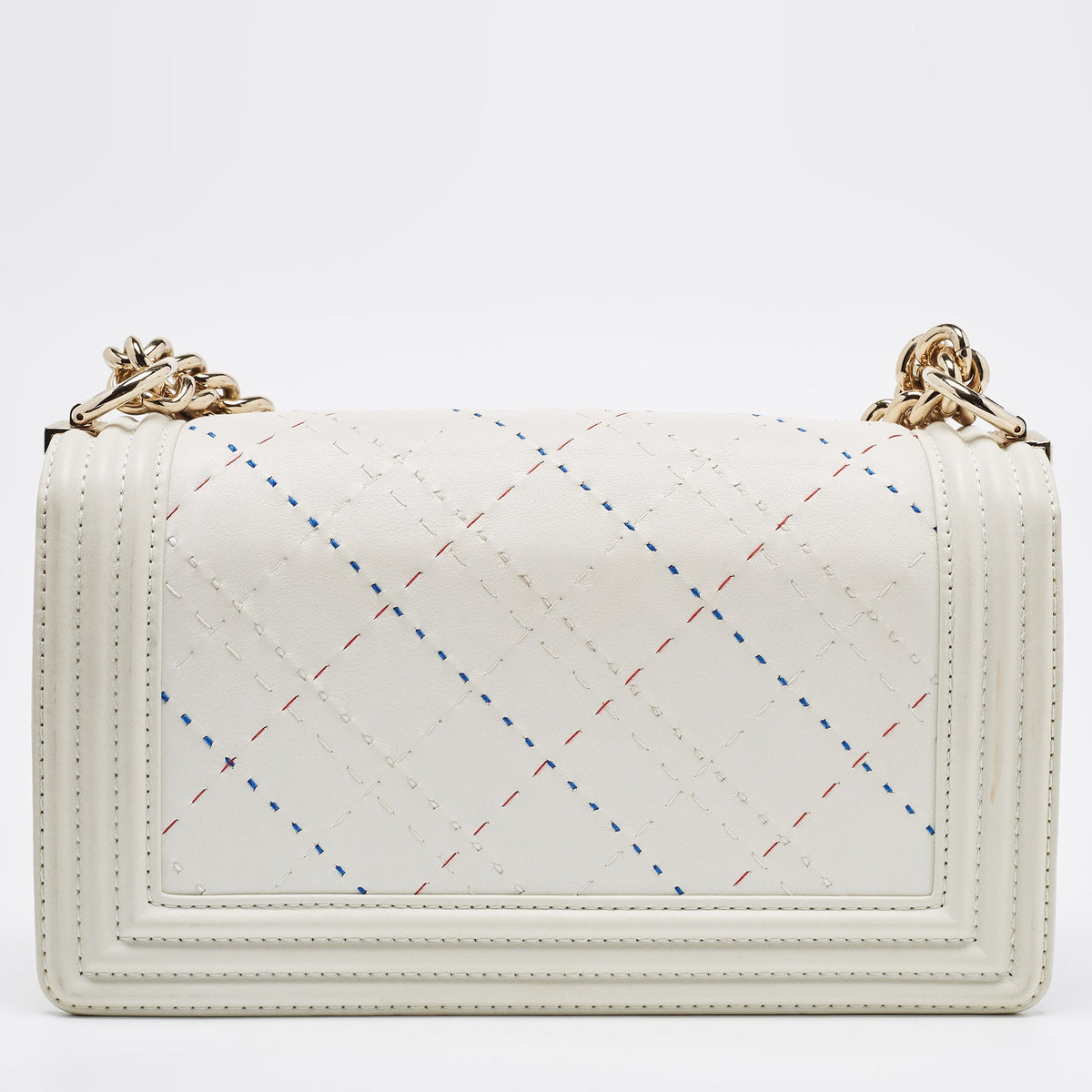 CHANEL White Stitch Quilted Leather Medium Boy Flap Bag