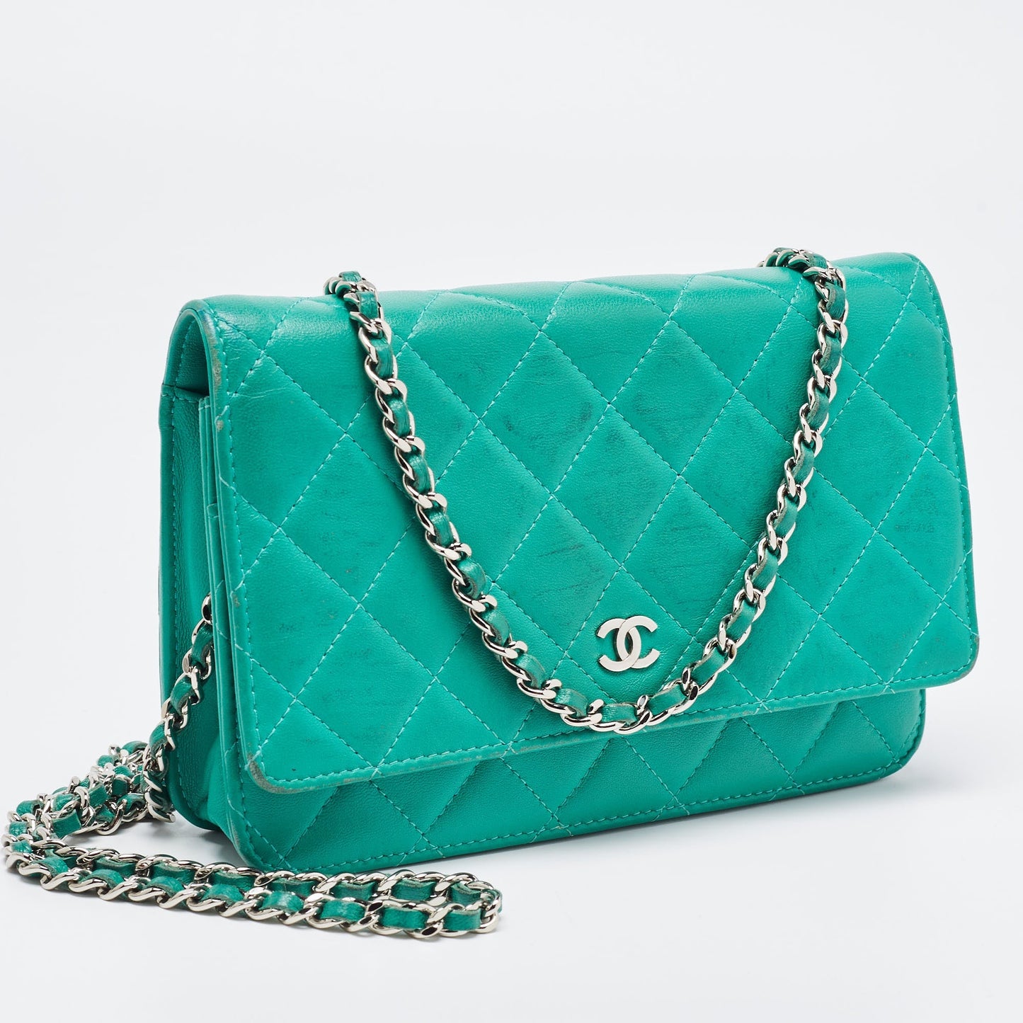 CHANEL Green Leather CC Wallet On Chain