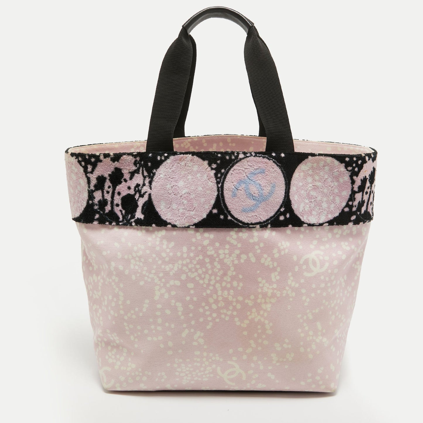 CHANEL Pink/ Black Terry Cloth Canvas Tote