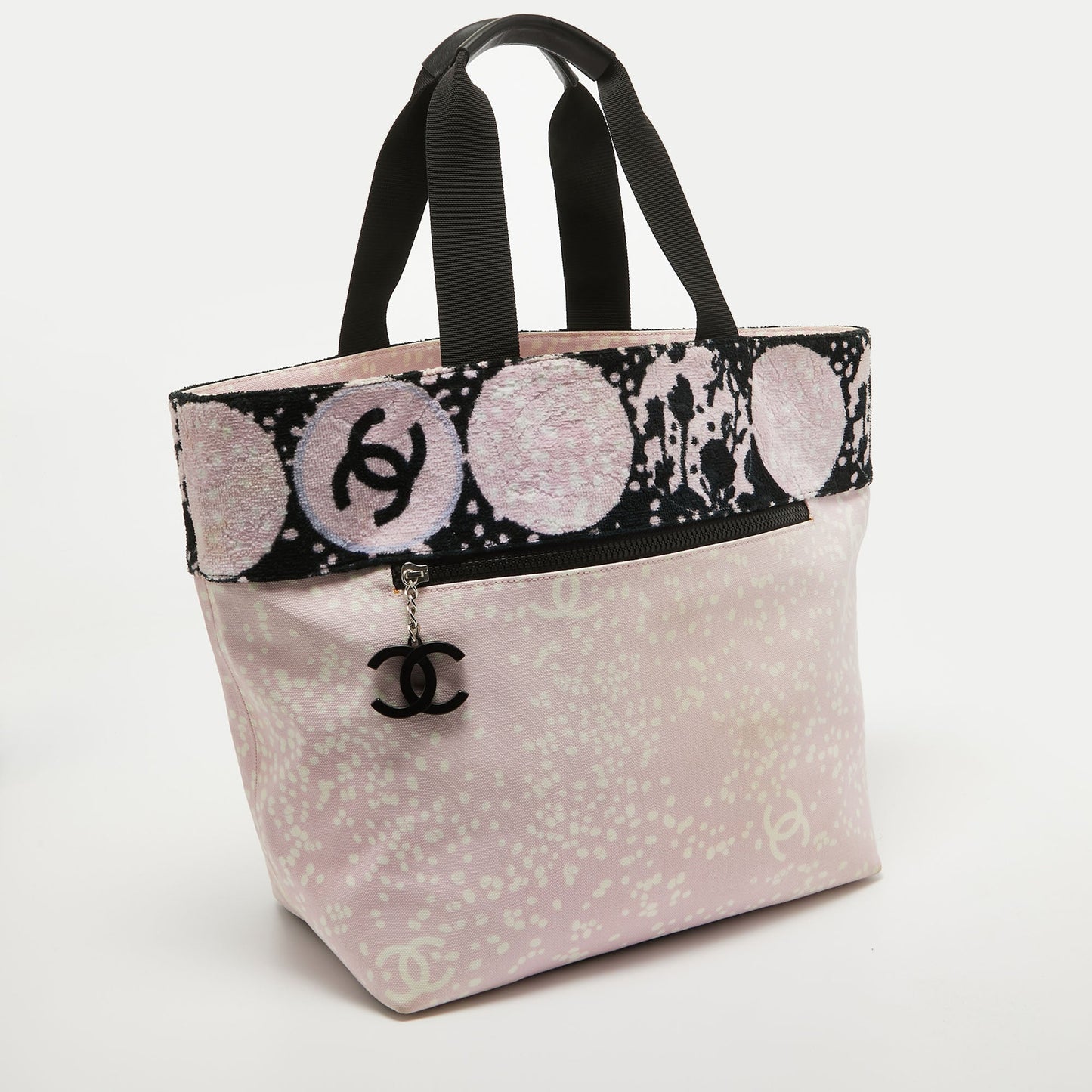 CHANEL Pink/ Black Terry Cloth Canvas Tote