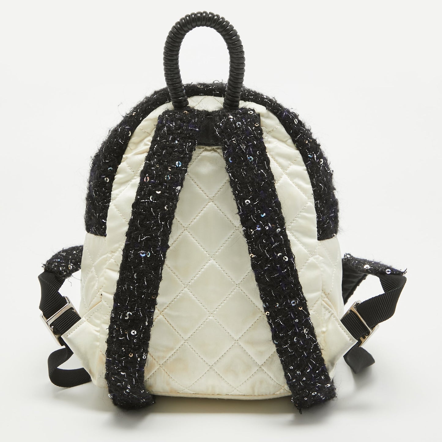 CHANEL Black/Off White Quilted Satin and Tweed Sequins Mini Backpack