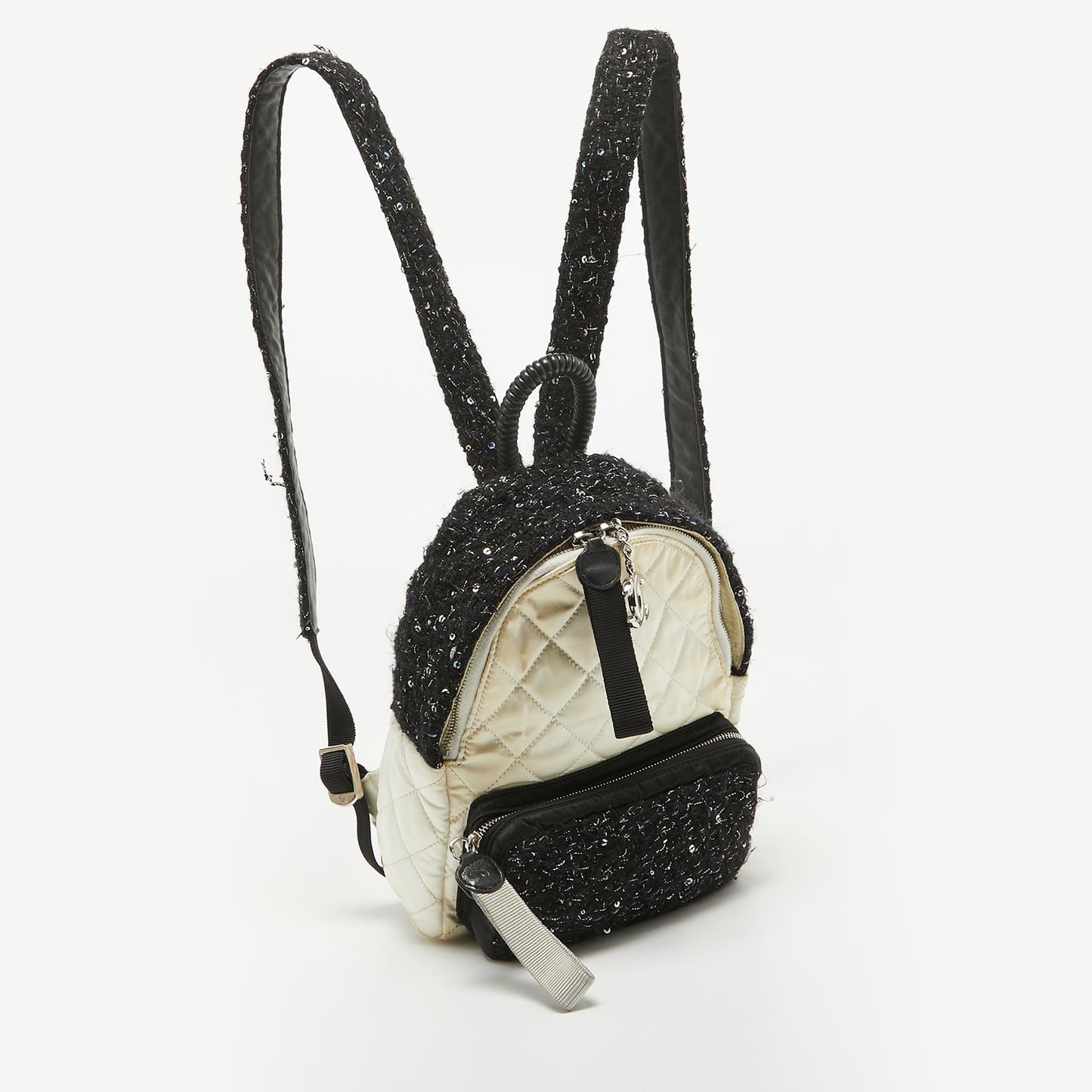 CHANEL Black/Off White Quilted Satin and Tweed Sequins Mini Backpack