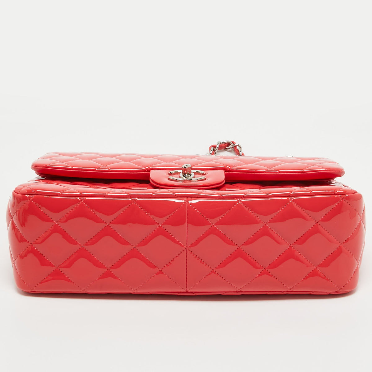 CHANEL Red Quilted Patent Leather Jumbo Classic Double Flap Bag