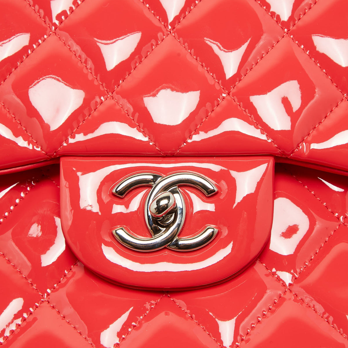 CHANEL Red Quilted Patent Leather Jumbo Classic Double Flap Bag