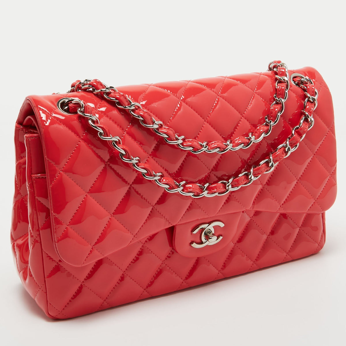 CHANEL Red Quilted Patent Leather Jumbo Classic Double Flap Bag