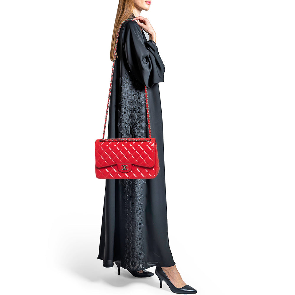 CHANEL Red Quilted Patent Leather Jumbo Classic Double Flap Bag