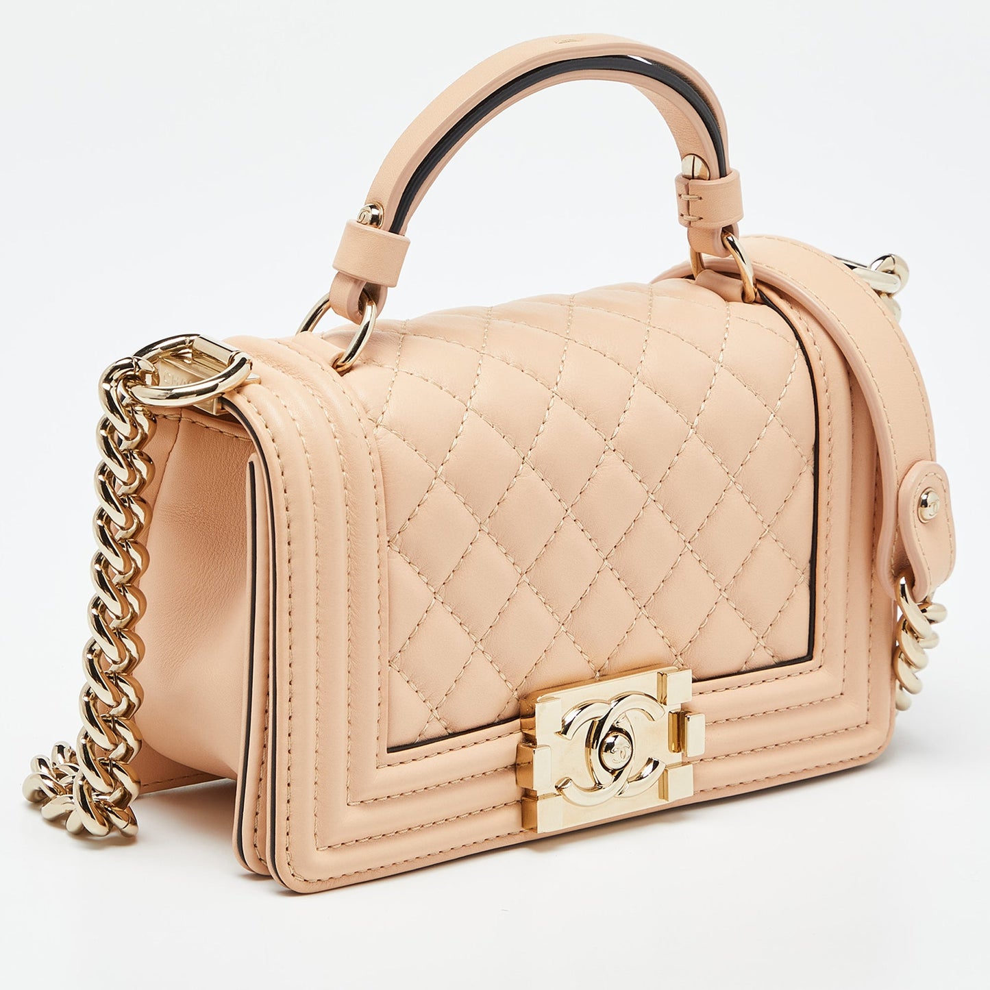 CHANEL Beige Quilted Leather Small Boy Top Handle Bag