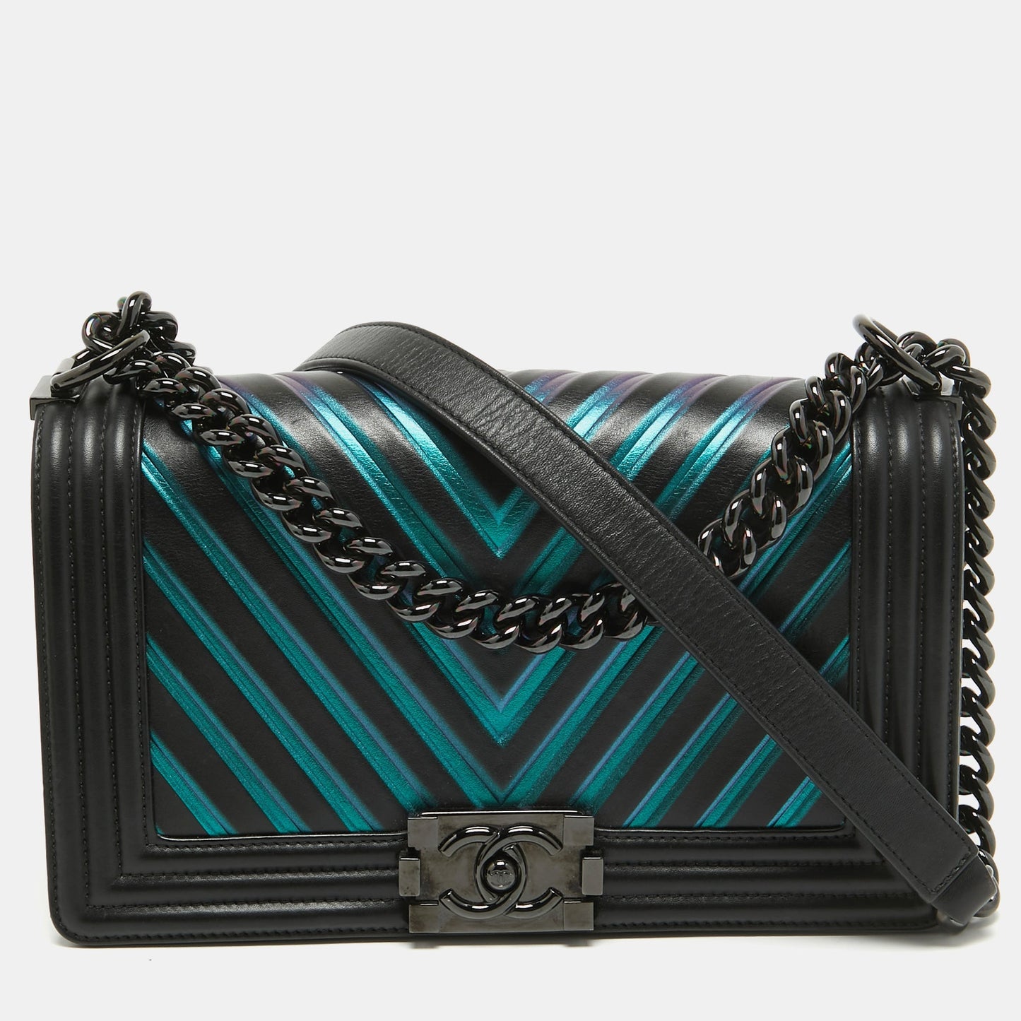 CHANEL Black/Holographic Chevron Leather Medium Boy Flap Bag
