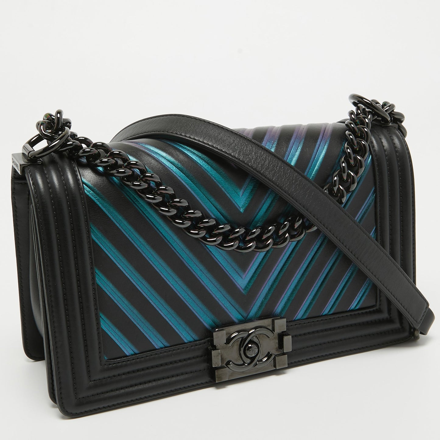 CHANEL Black/Holographic Chevron Leather Medium Boy Flap Bag