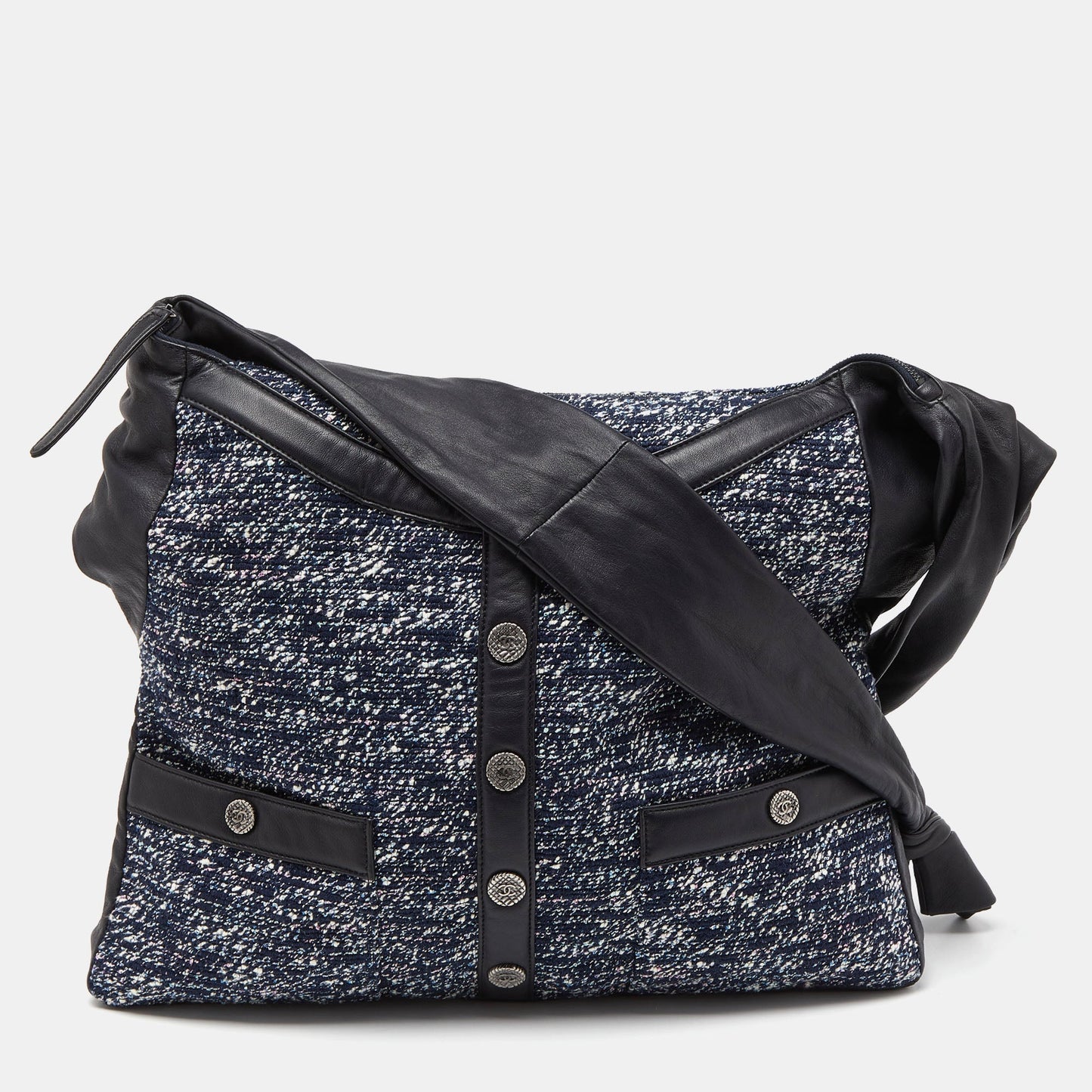 CHANEL Blue/Black Tweed and Leather Large Girl  Bag