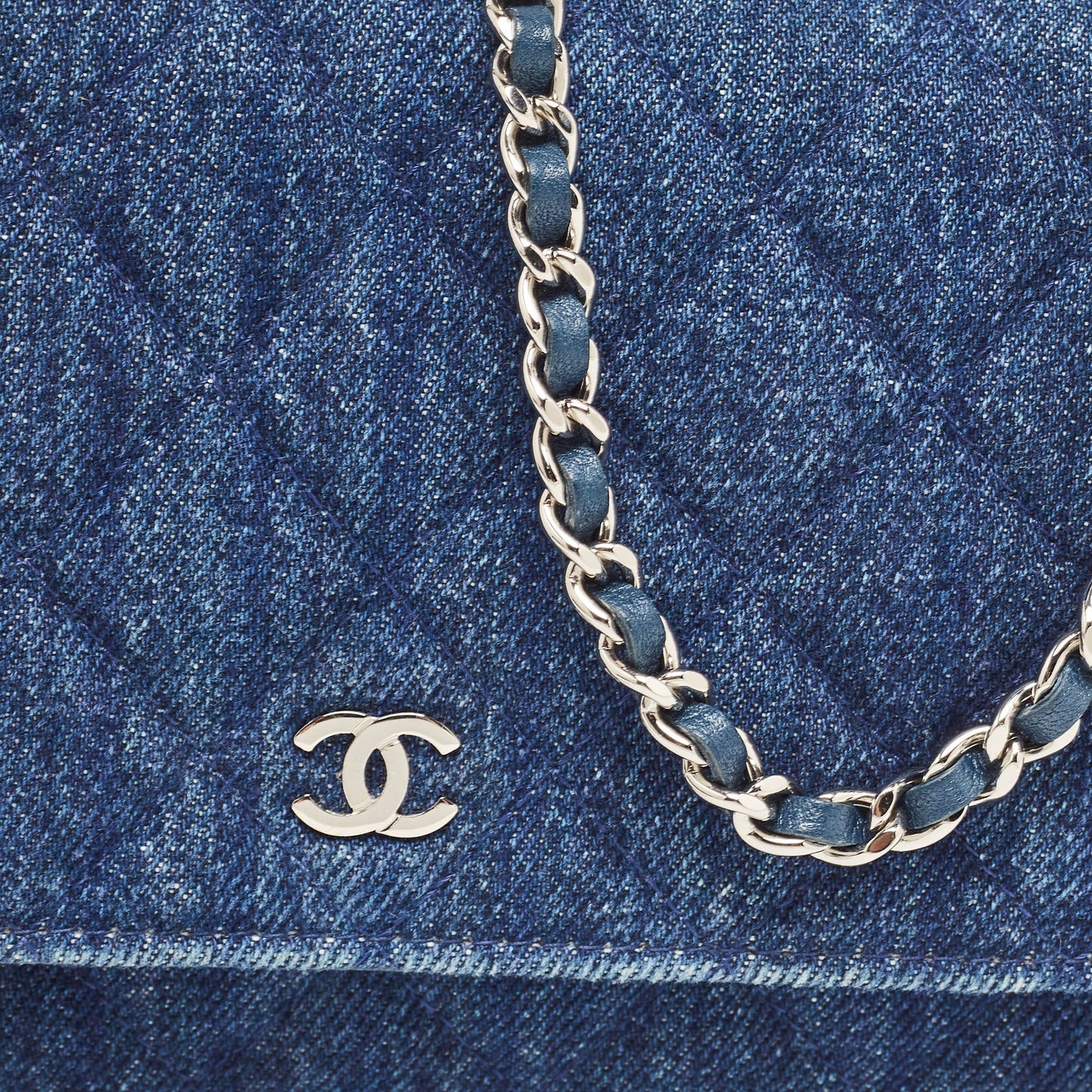 CHANEL Blue Quilted Denim Classic Wallet On Chain