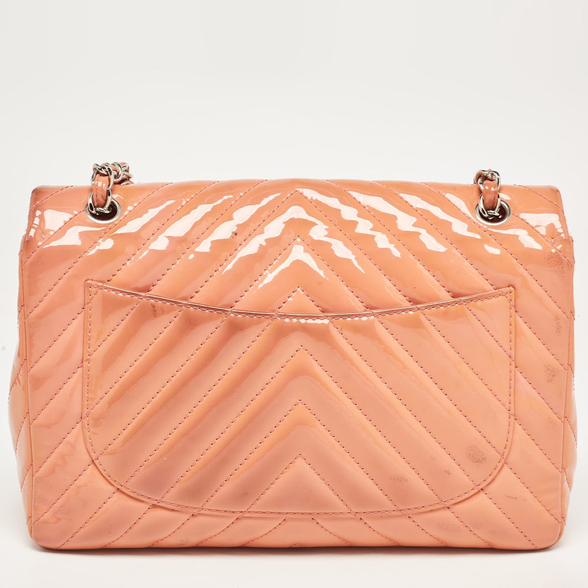 CHANEL Pink Chevron Patent Leather Jumbo Classic Single Flap Bag