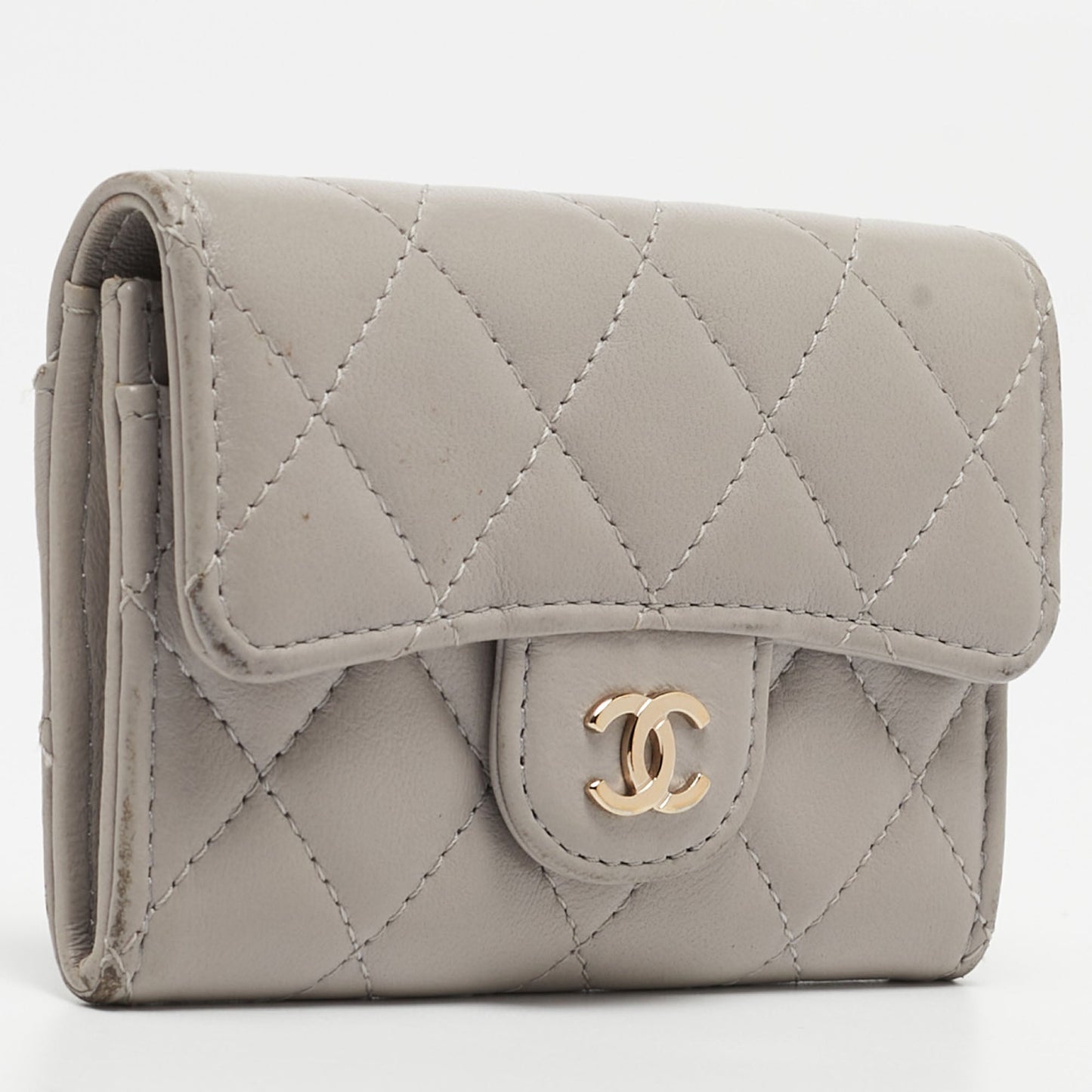 CHANEL Grey Quilted Leather Flap Card Holder