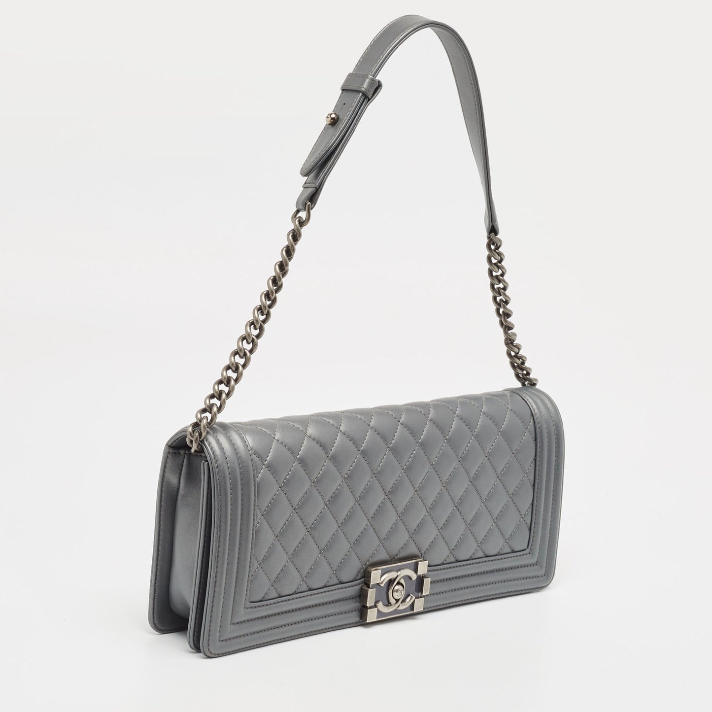 CHANEL Grey Quilted Leather East West Boy Bag