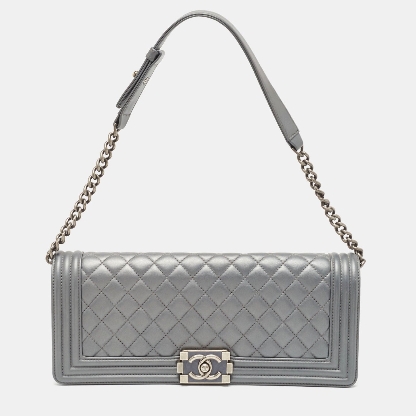 CHANEL Grey Quilted Leather East West Boy Bag