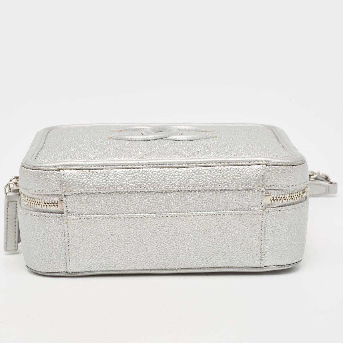 CHANEL Silver Quilted Caviar Leather Medium CC Filigree Vanity Case Bag