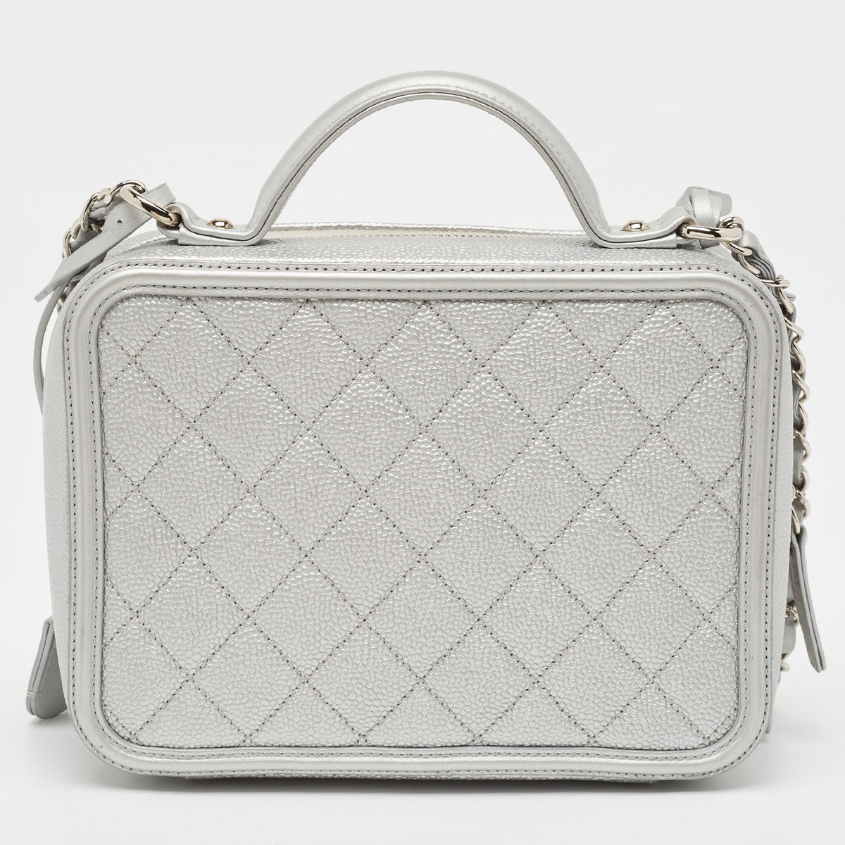 CHANEL Silver Quilted Caviar Leather Medium CC Filigree Vanity Case Bag