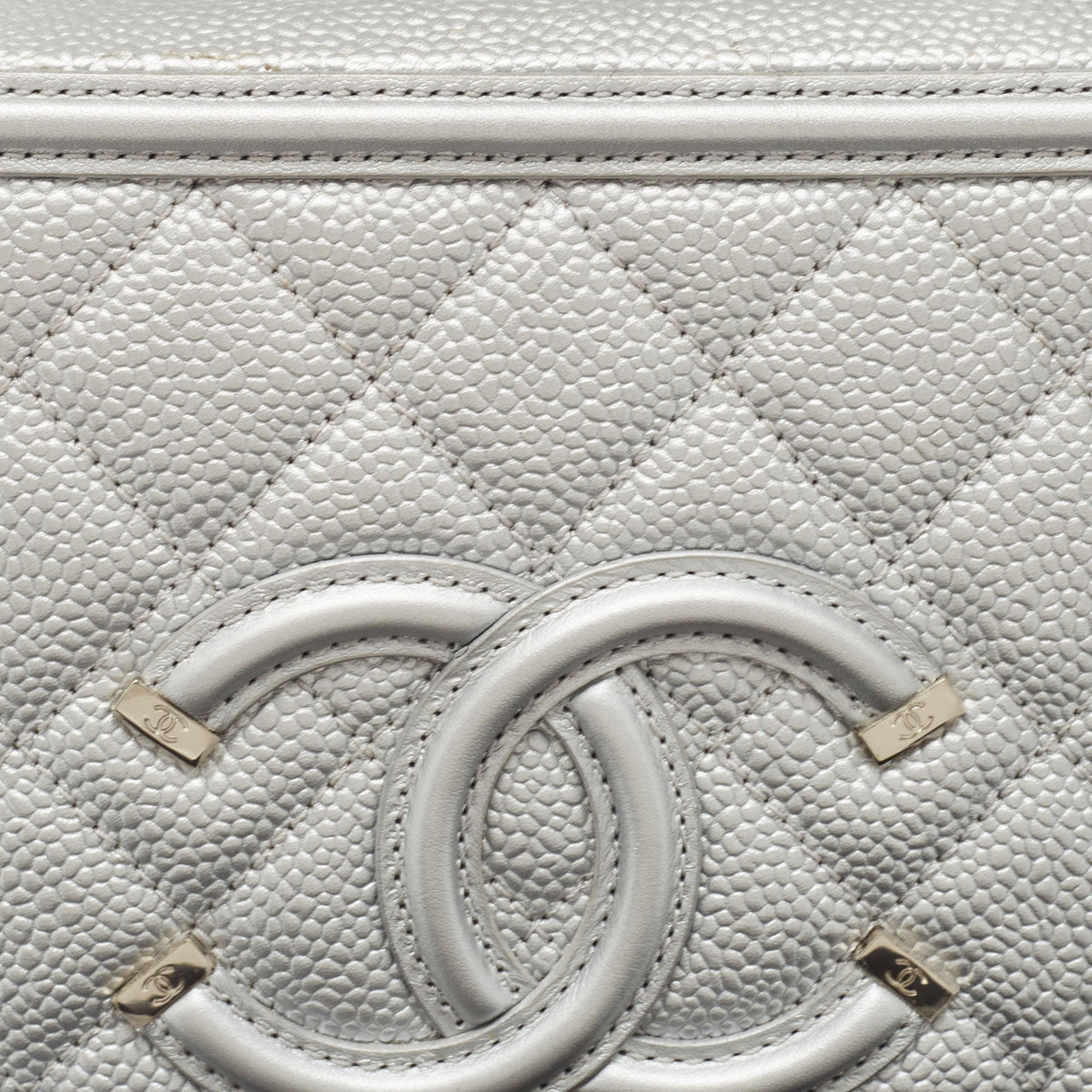 CHANEL Silver Quilted Caviar Leather Medium CC Filigree Vanity Case Bag