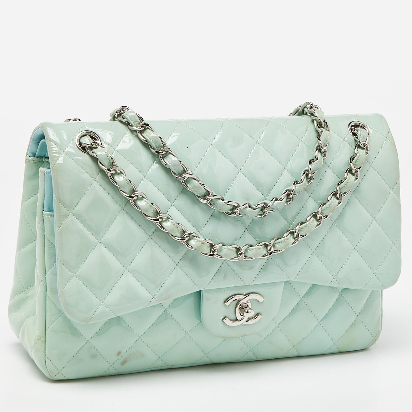 CHANEL Green Quilted Patent Leather Jumbo Classic Double Flap Bag
