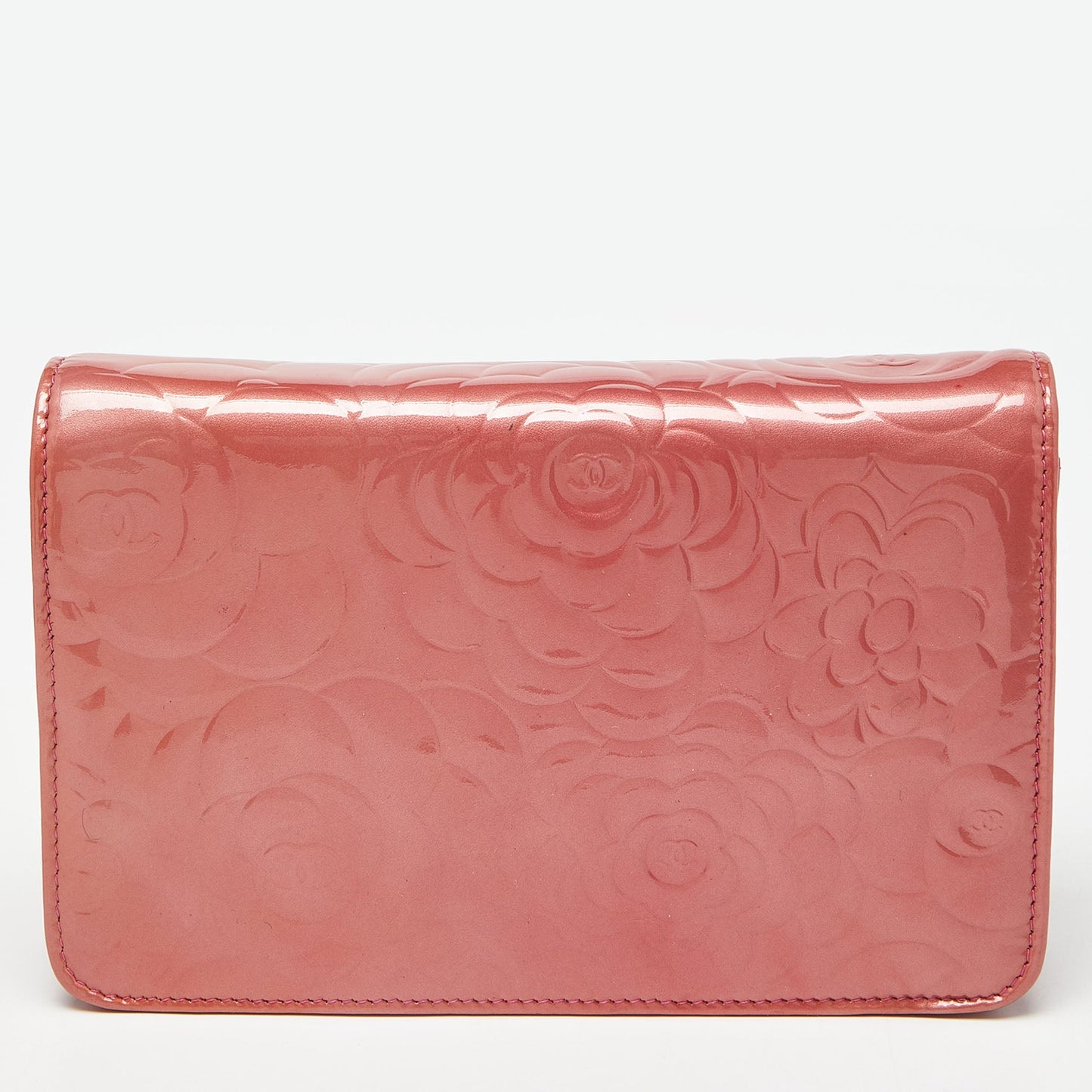 CHANEL Pink Camellia Patent and Leather Wallet On Chain