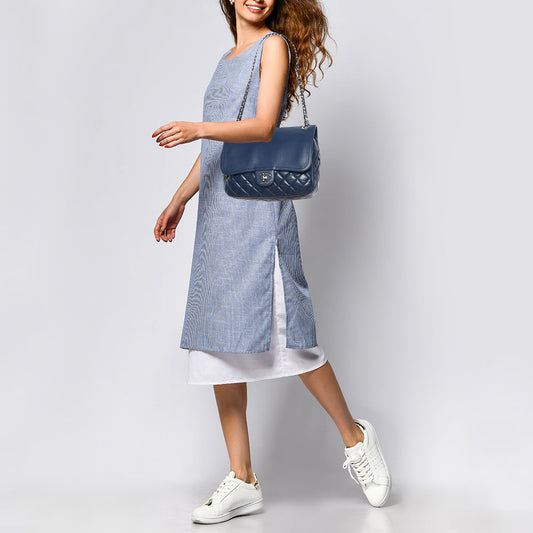 CHANEL Blue Quilted Aged Leather Flap Shoulder Bag